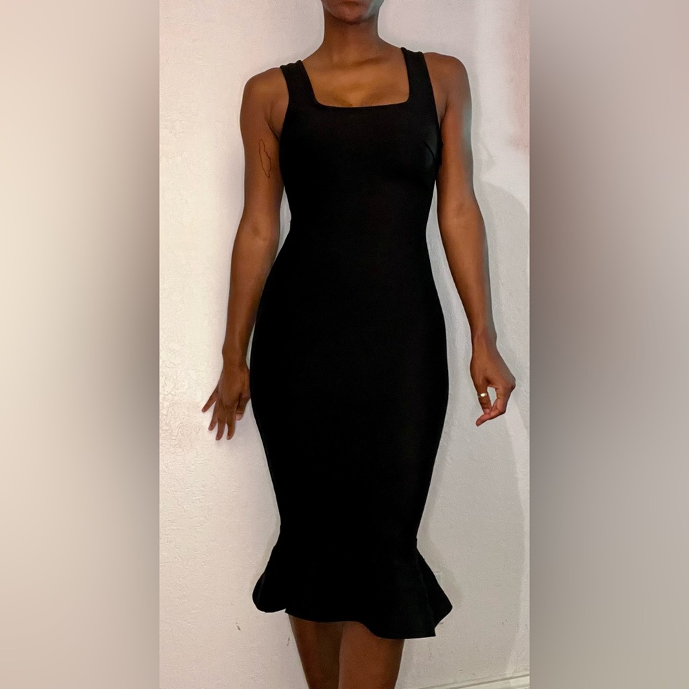 Black Bandage Midi Dress with Peplum Hem – Size Small